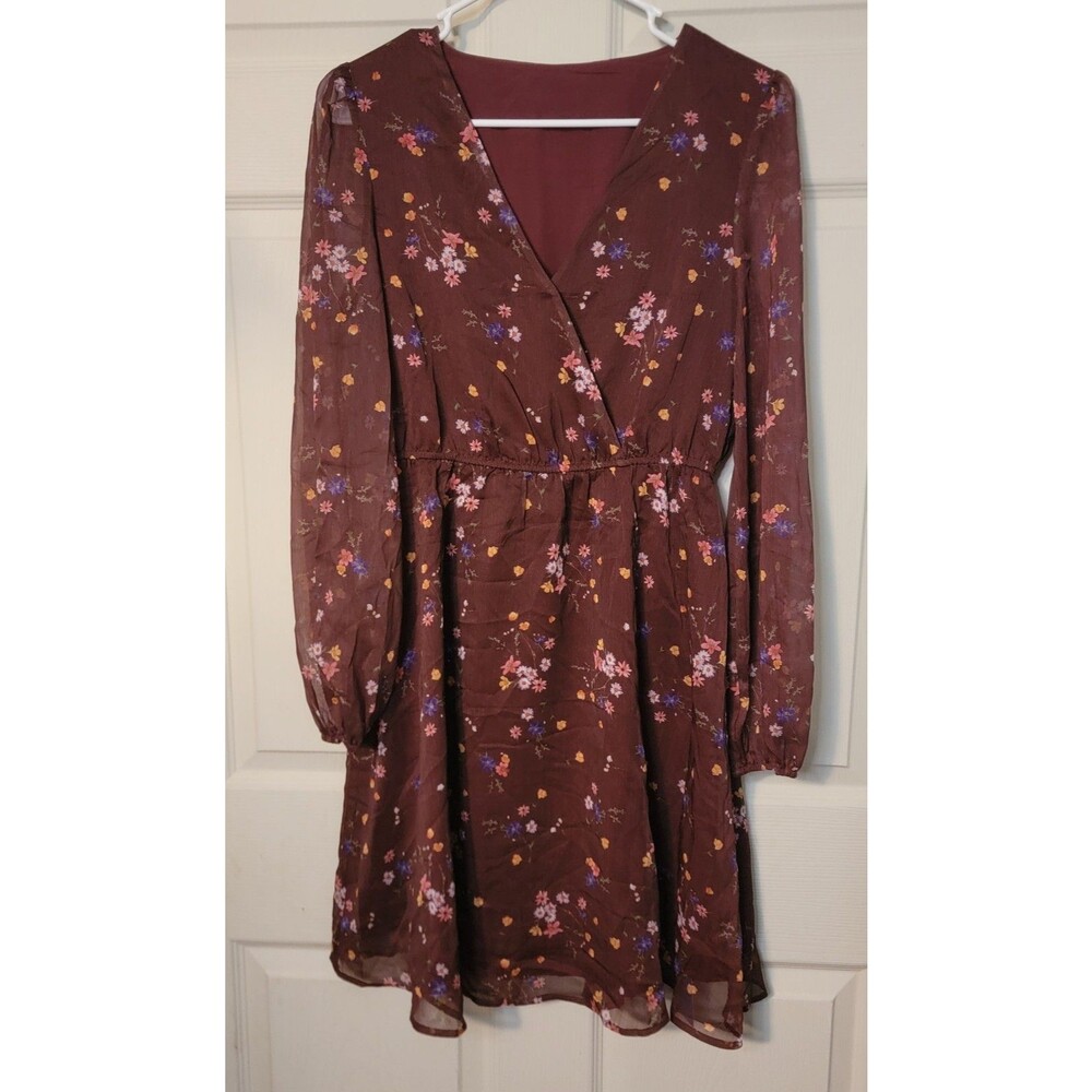 Cupshe Burgundy Floral V-Neck Long Sleeve Chiffon Fit & Flare Mini Dress M